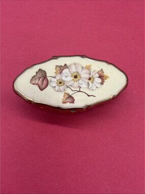 Vintage Lipstick Holder Flip Up Mirror Porcelain Victorian Floral Theme